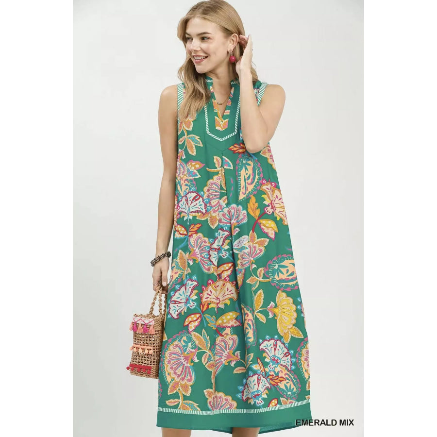 Umgee Paisley Floral Sleeveless Midi Dress Apparel and Accessories