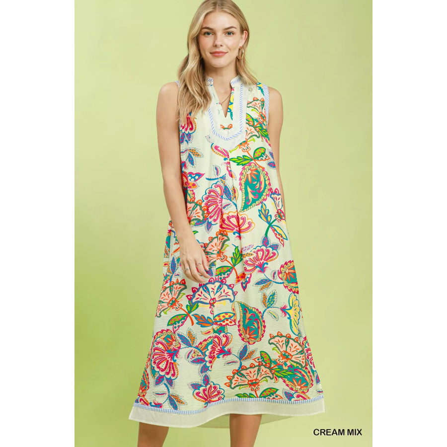Umgee Paisley Floral Sleeveless Midi Dress CREAM MIX / S Apparel and Accessories