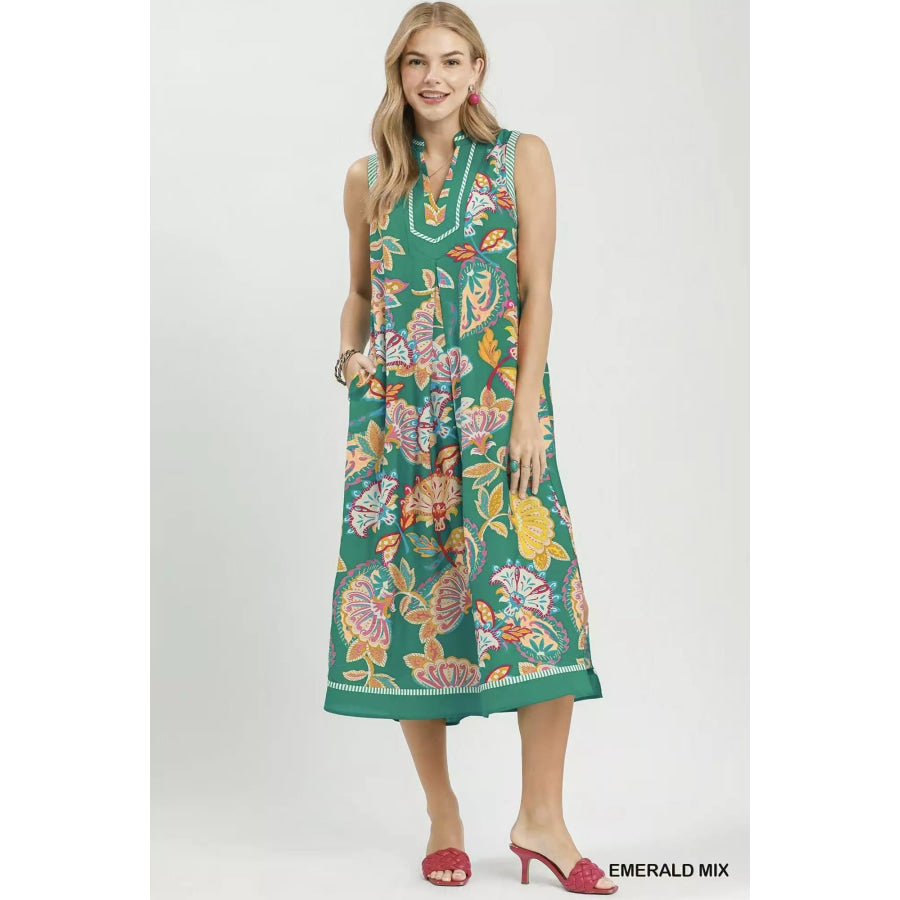 Umgee Paisley Floral Sleeveless Midi Dress EMERALD MIX / S Apparel and Accessories