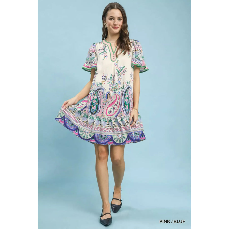 Umgee Paisley Flutter Sleeve Mini Dress Apparel and Accessories