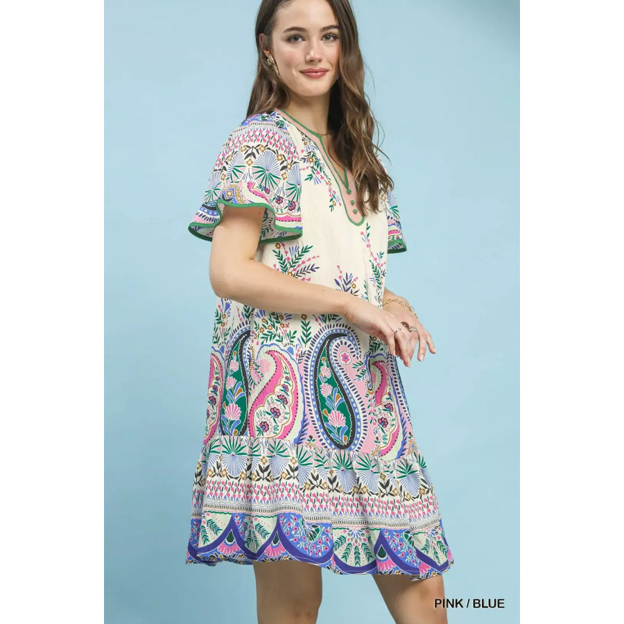 Umgee Paisley Flutter Sleeve Mini Dress Apparel and Accessories