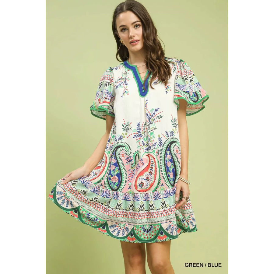 Umgee Paisley Flutter Sleeve Mini Dress GREEN / BLUE / S Apparel and Accessories