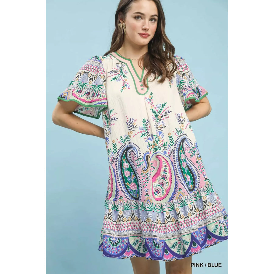 Umgee Paisley Flutter Sleeve Mini Dress PINK / BLUE / S Apparel and Accessories