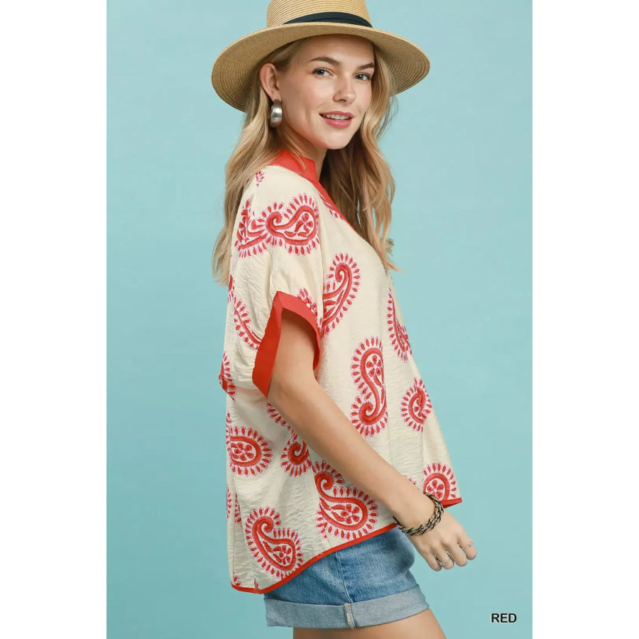 Umgee Paisley Print Contrast Trim Top Apparel and Accessories