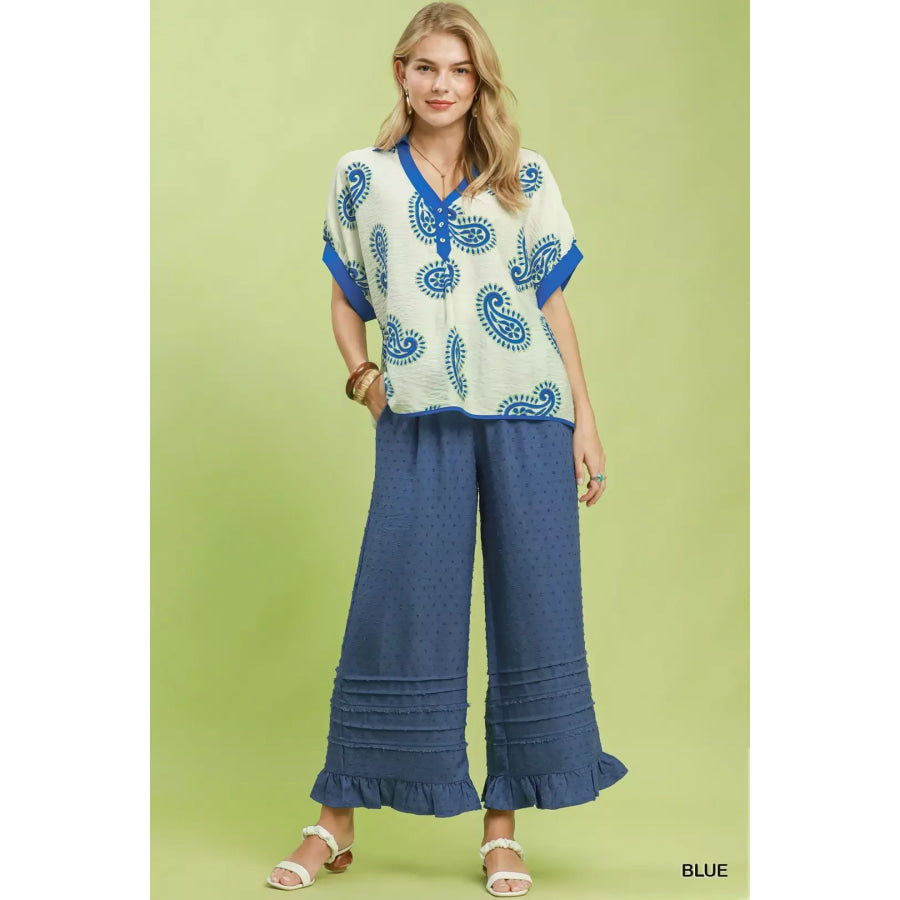 Umgee Paisley Print Contrast Trim Top Apparel and Accessories