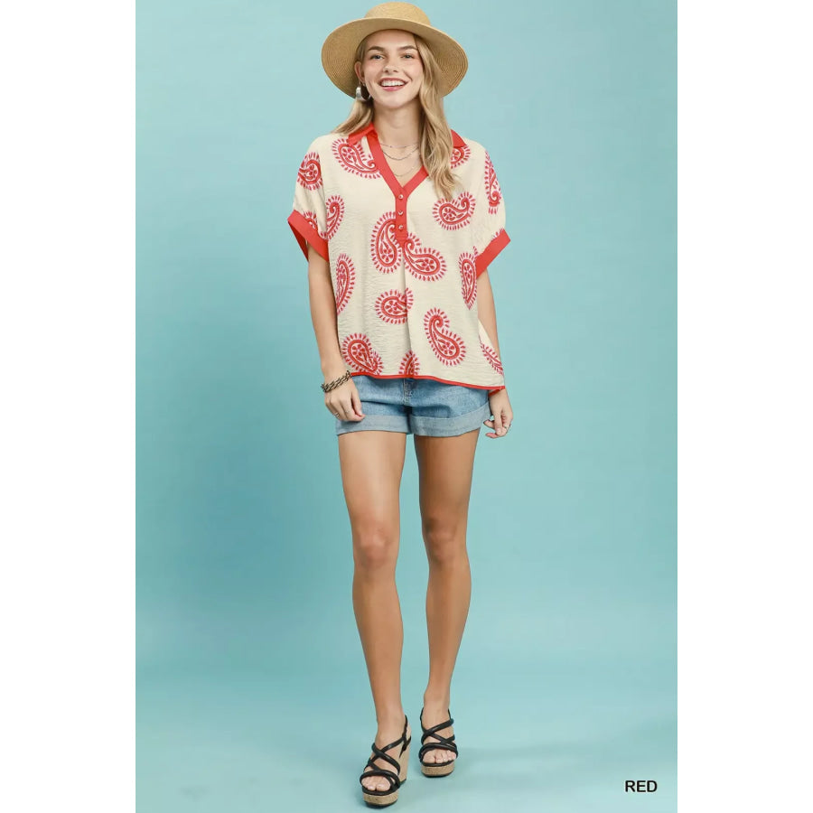 Umgee Paisley Print Contrast Trim Top Apparel and Accessories