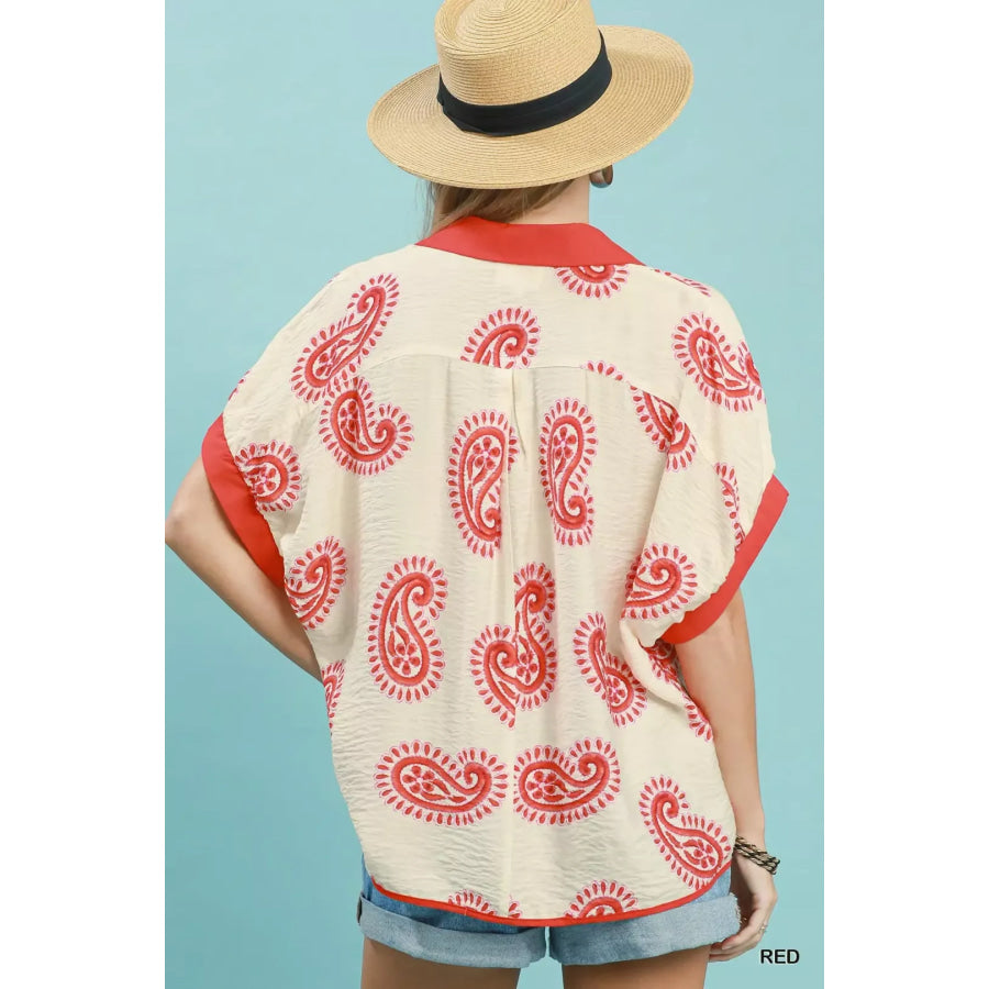 Umgee Paisley Print Contrast Trim Top Apparel and Accessories