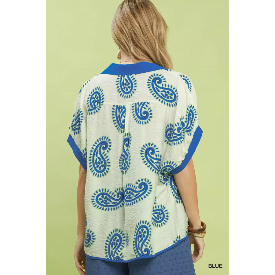 Umgee Paisley Print Contrast Trim Top Apparel and Accessories