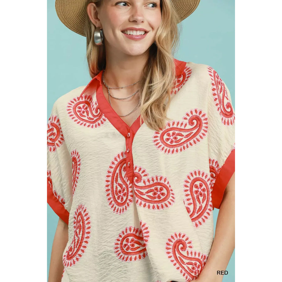 Umgee Paisley Print Contrast Trim Top Apparel and Accessories