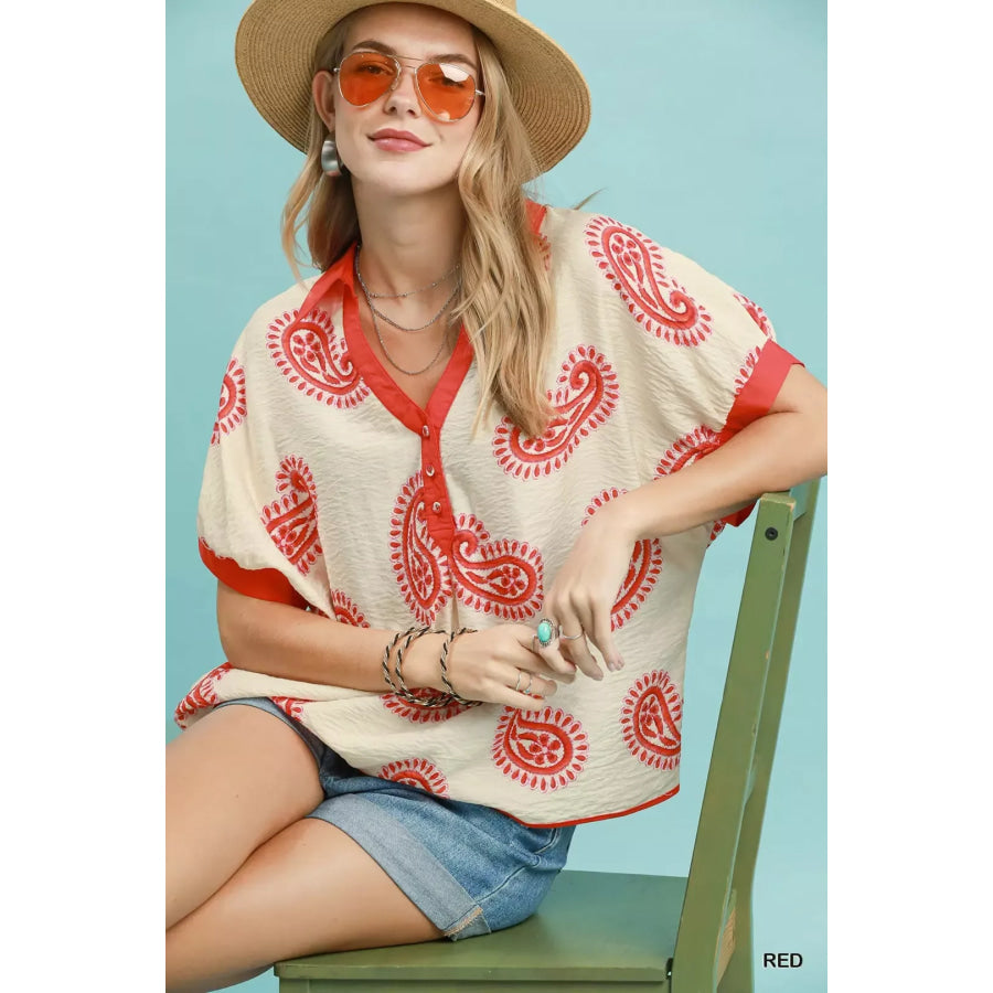 Umgee Paisley Print Contrast Trim Top Apparel and Accessories