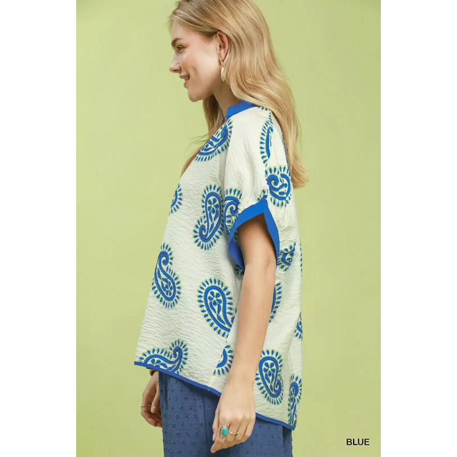 Umgee Paisley Print Contrast Trim Top BLUE / S Apparel and Accessories