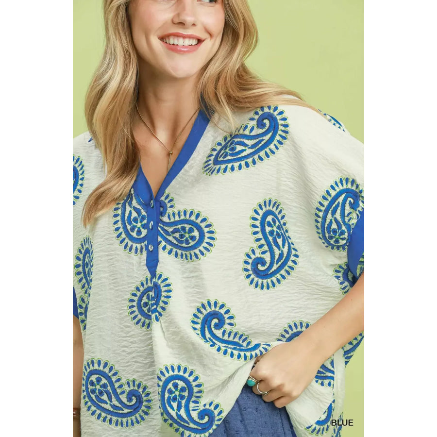 Umgee Paisley Print Contrast Trim Top Apparel and Accessories