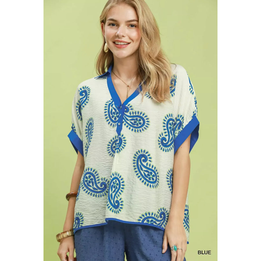 Umgee Paisley Print Contrast Trim Top BLUE / S Apparel and Accessories