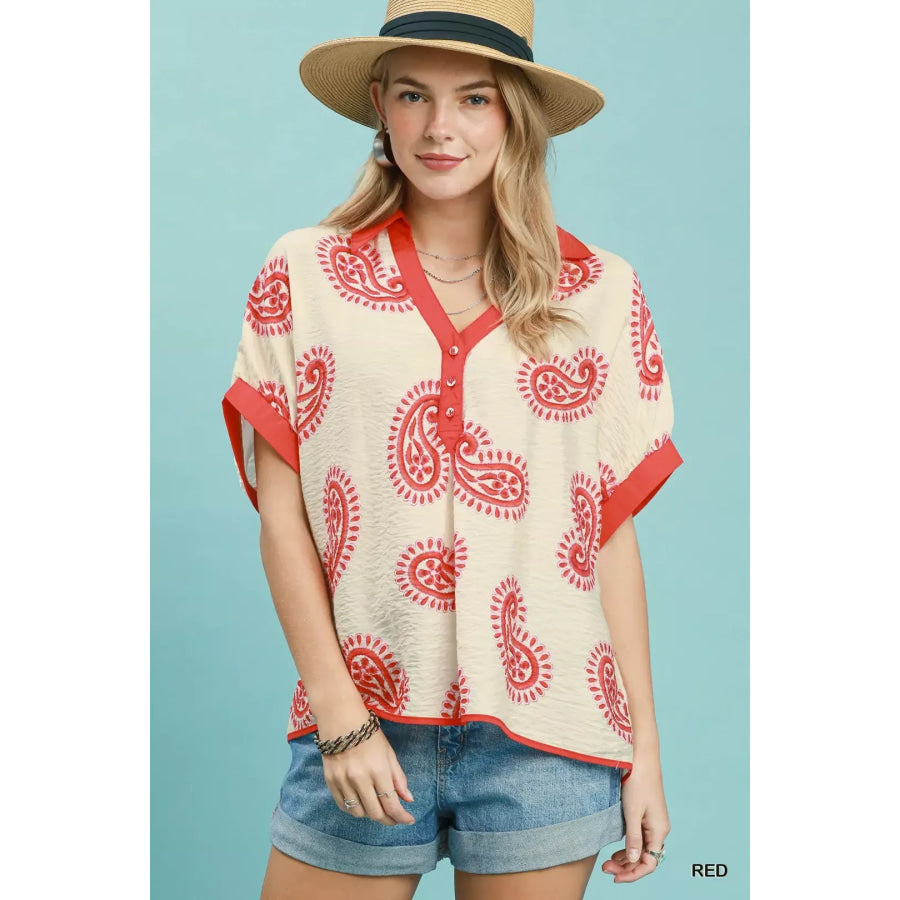 Umgee Paisley Print Contrast Trim Top RED / S Apparel and Accessories