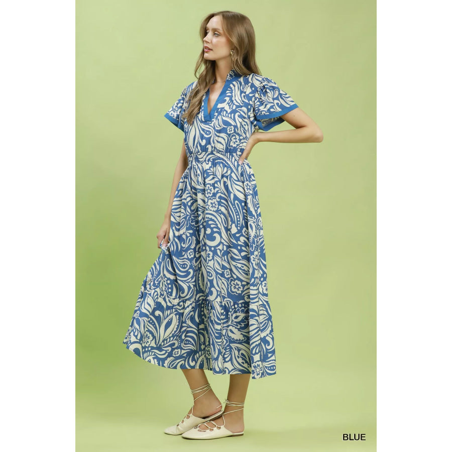 Umgee Paisley Print Midi Dress with Side Pockets Apparel and Accessories