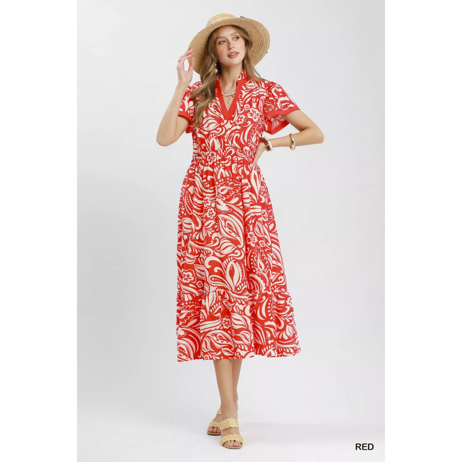 Umgee Paisley Print Midi Dress with Side Pockets Apparel and Accessories