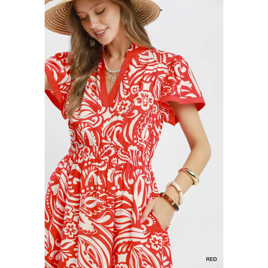 Umgee Paisley Print Midi Dress with Side Pockets Apparel and Accessories
