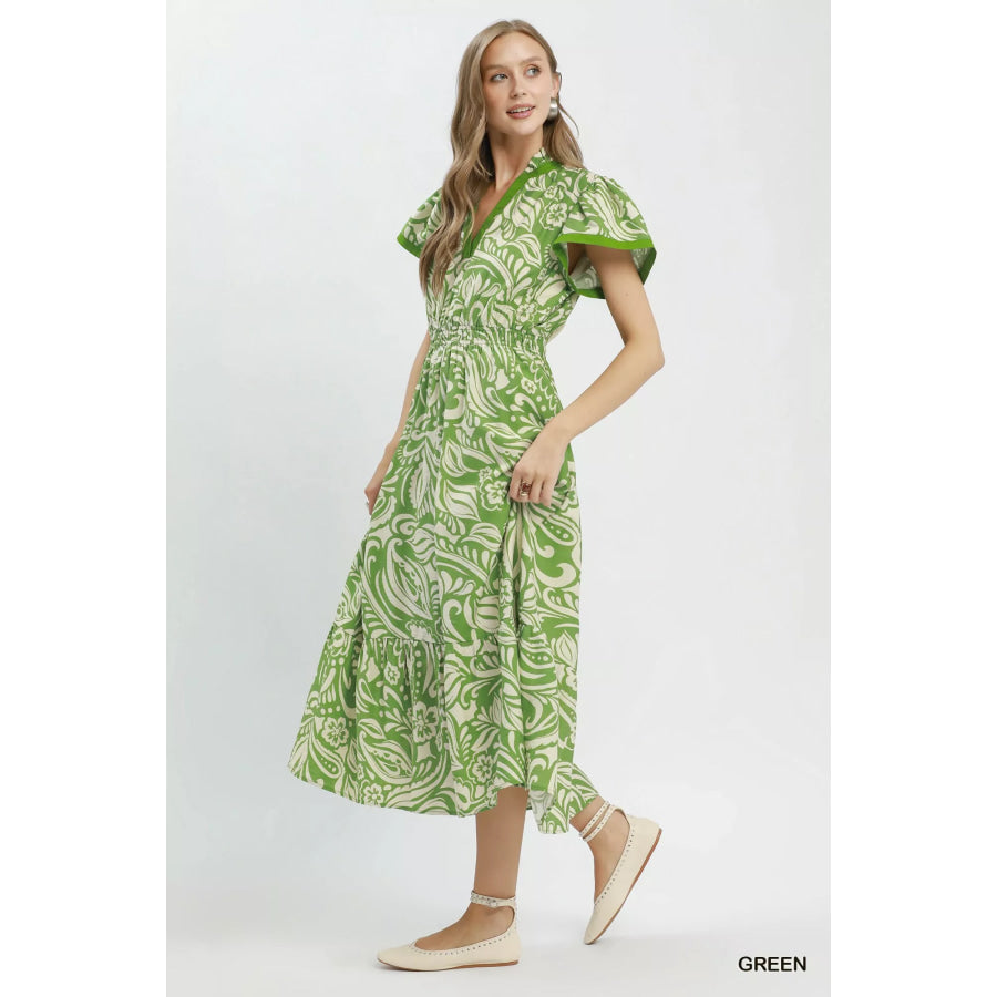 Umgee Paisley Print Midi Dress with Side Pockets Apparel and Accessories