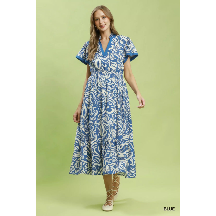 Umgee Paisley Print Midi Dress with Side Pockets Apparel and Accessories