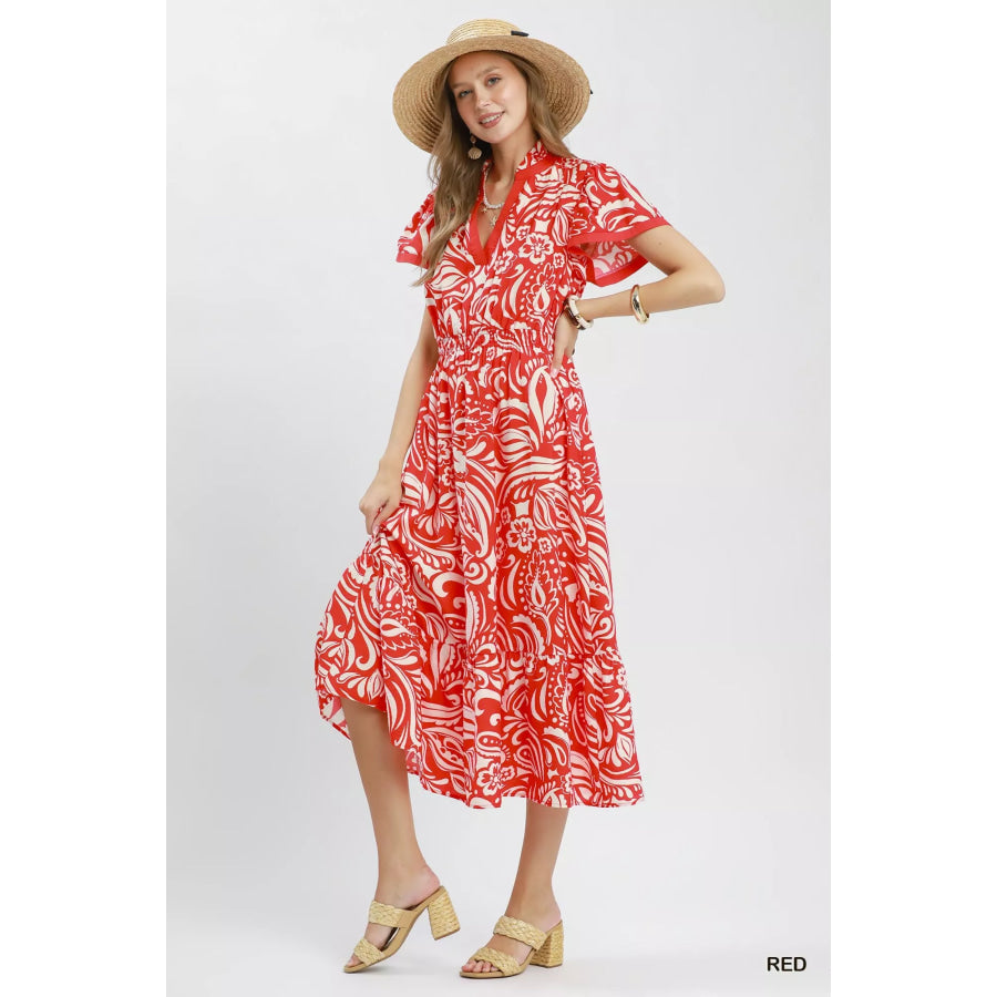 Umgee Paisley Print Midi Dress with Side Pockets RED / S Apparel and Accessories