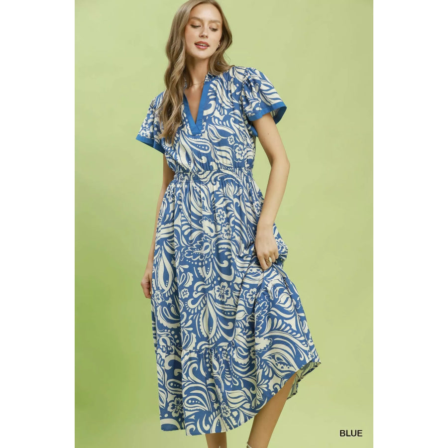 Umgee Paisley Print Midi Dress with Side Pockets BLUE / S Apparel and Accessories