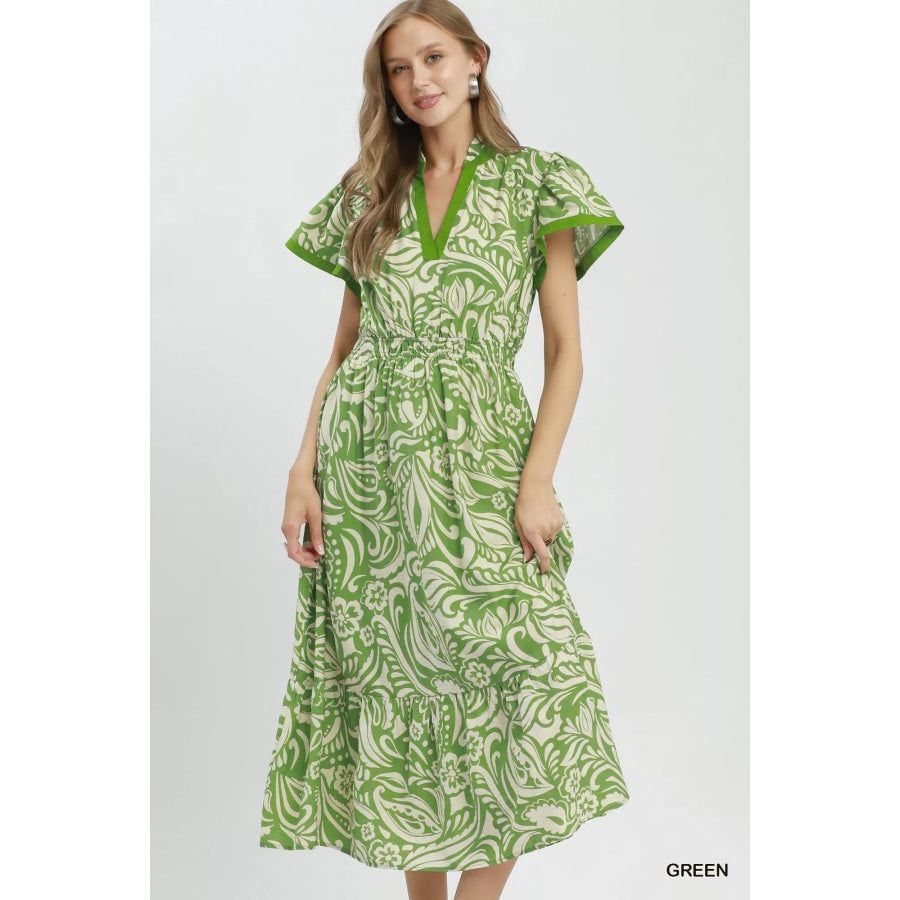 Umgee Paisley Print Midi Dress with Side Pockets GREEN / S Apparel and Accessories