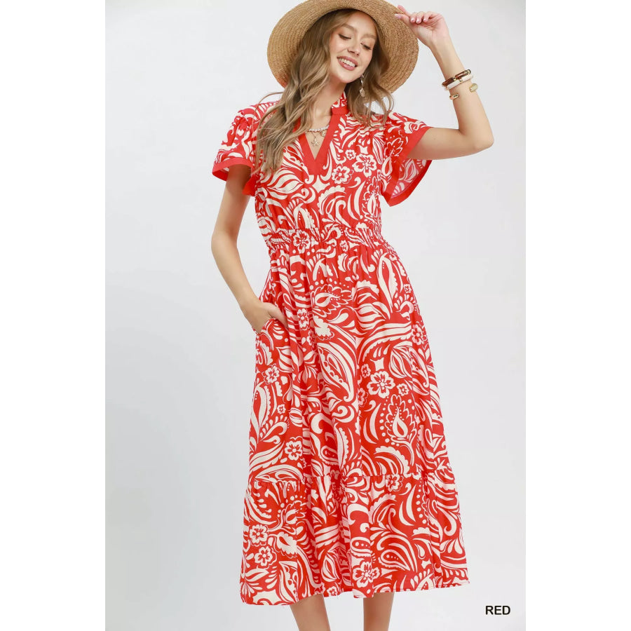 Umgee Paisley Print Midi Dress with Side Pockets RED / S Apparel and Accessories