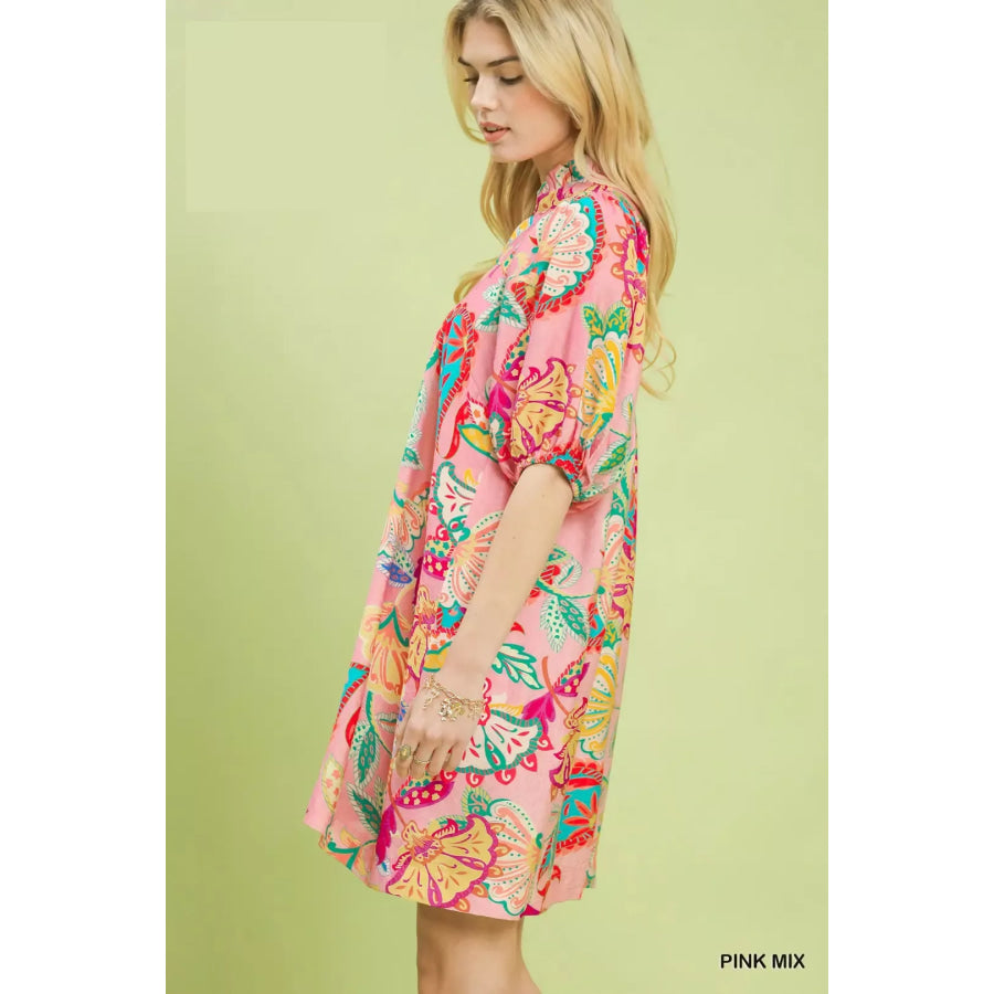 Umgee Paisley Print Mini Dress PINKMIX / S Apparel and Accessories