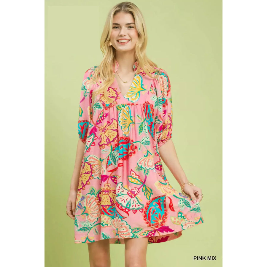 Umgee Paisley Print Mini Dress PINKMIX / S Apparel and Accessories