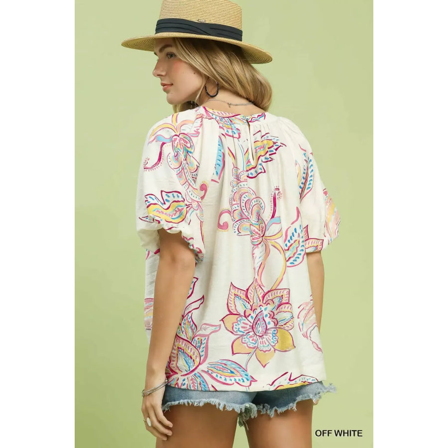 Umgee Paisley Print Puff Sleeve Top Apparel and Accessories