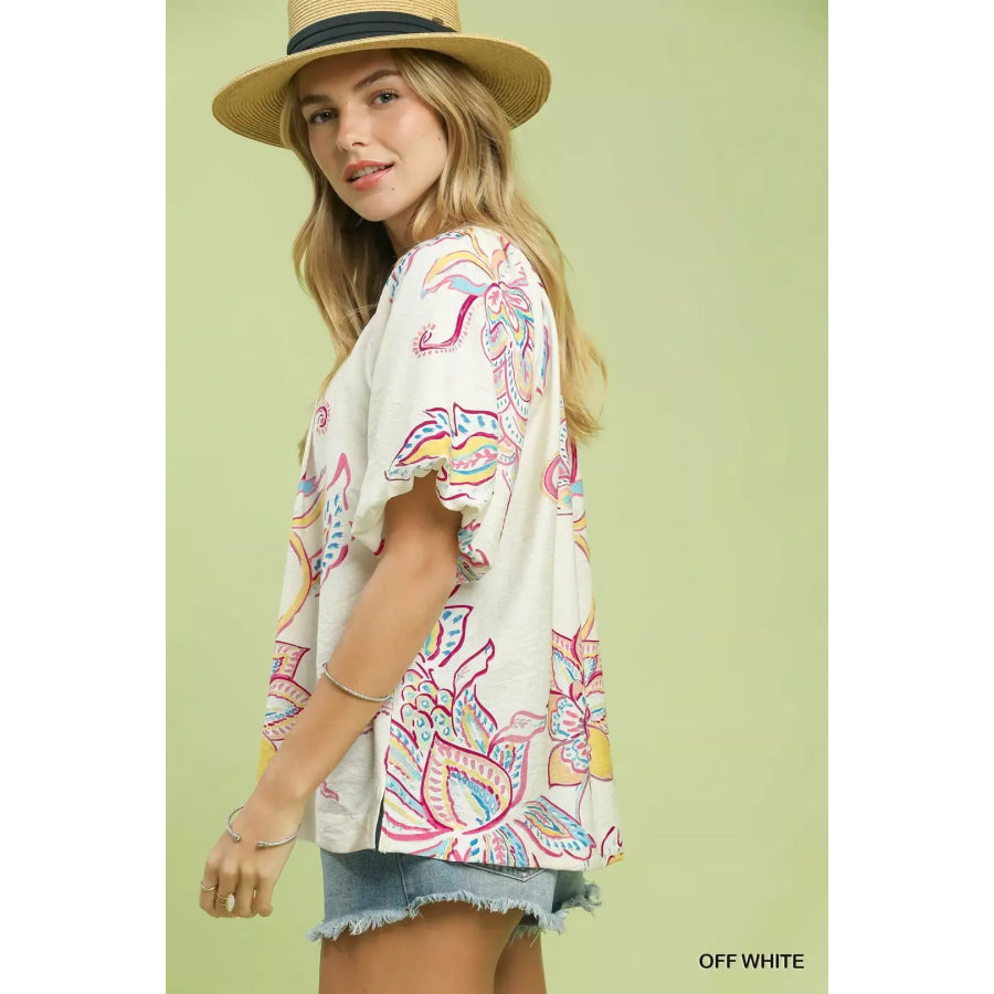 Umgee Paisley Print Puff Sleeve Top Apparel and Accessories