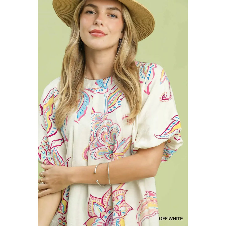 Umgee Paisley Print Puff Sleeve Top Apparel and Accessories