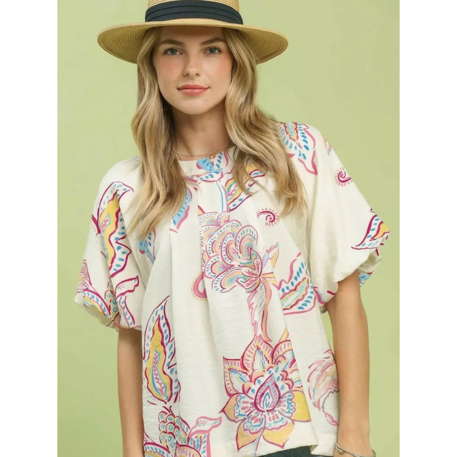 Umgee Paisley Print Puff Sleeve Top OFF WHITE / S Apparel and Accessories
