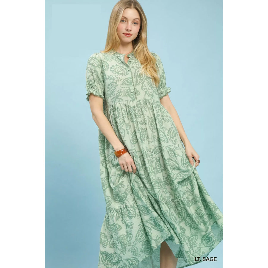 Umgee Paisley Print Tiered Midi Dress Apparel and Accessories