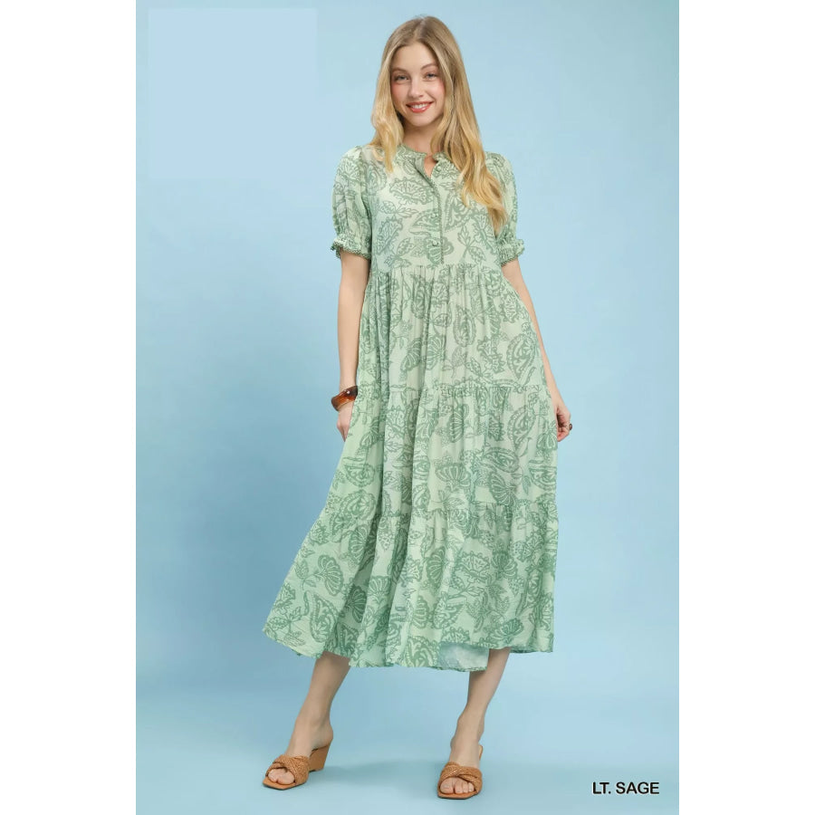 Umgee Paisley Print Tiered Midi Dress LT. SAGE / S Apparel and Accessories