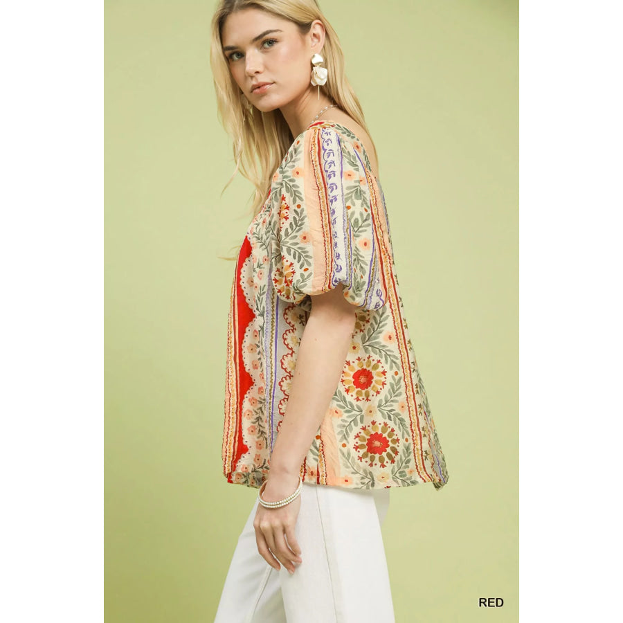Umgee Patchwork Puff Sleeve Smocked Blouse Apparel and Accessories