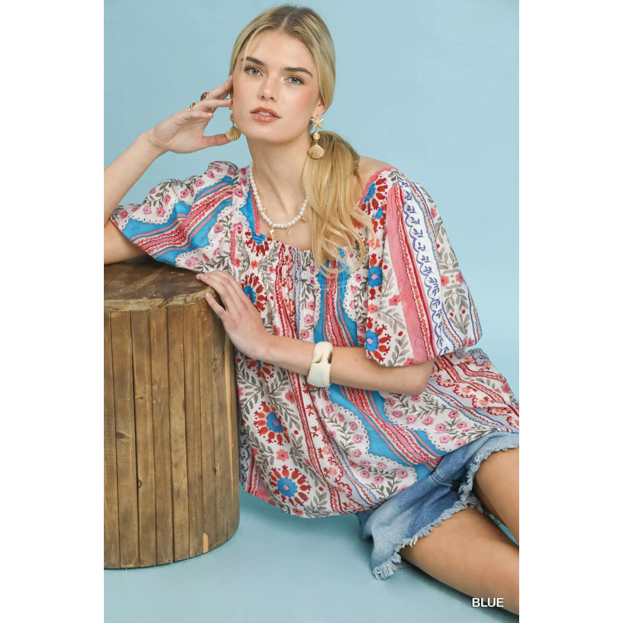 Umgee Patchwork Puff Sleeve Smocked Blouse Blue / S Apparel and Accessories