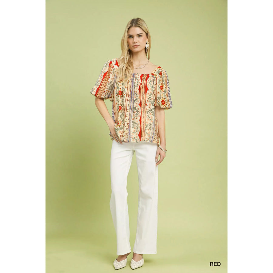 Umgee Patchwork Puff Sleeve Smocked Blouse Apparel and Accessories