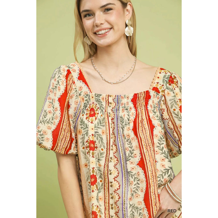 Umgee Patchwork Puff Sleeve Smocked Blouse Apparel and Accessories