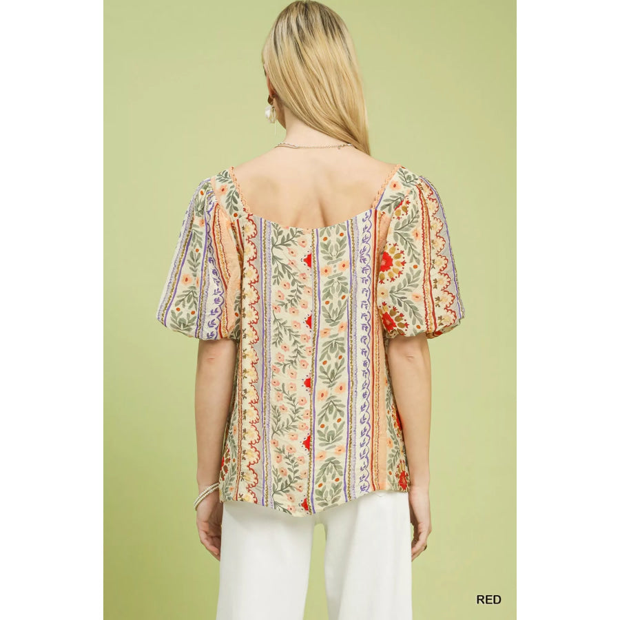 Umgee Patchwork Puff Sleeve Smocked Blouse Apparel and Accessories