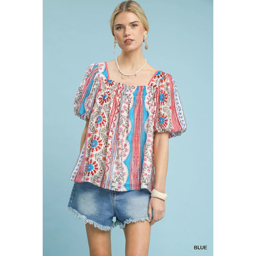 Umgee Patchwork Puff Sleeve Smocked Blouse Blue / S Apparel and Accessories