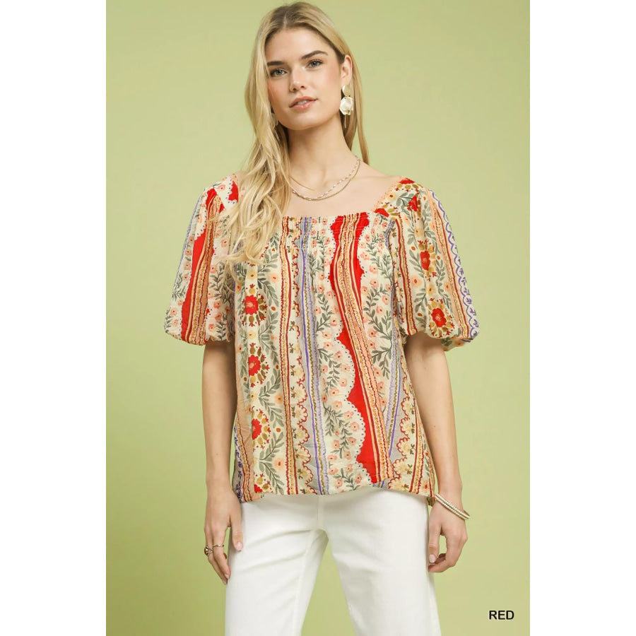 Umgee Patchwork Puff Sleeve Smocked Blouse Red / S Apparel and Accessories