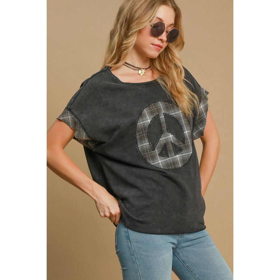 Umgee Peace Applique Round Neck French Terry Top Apparel and Accessories