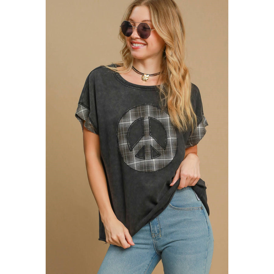 Umgee Peace Applique Round Neck French Terry Top Black / S Apparel and Accessories