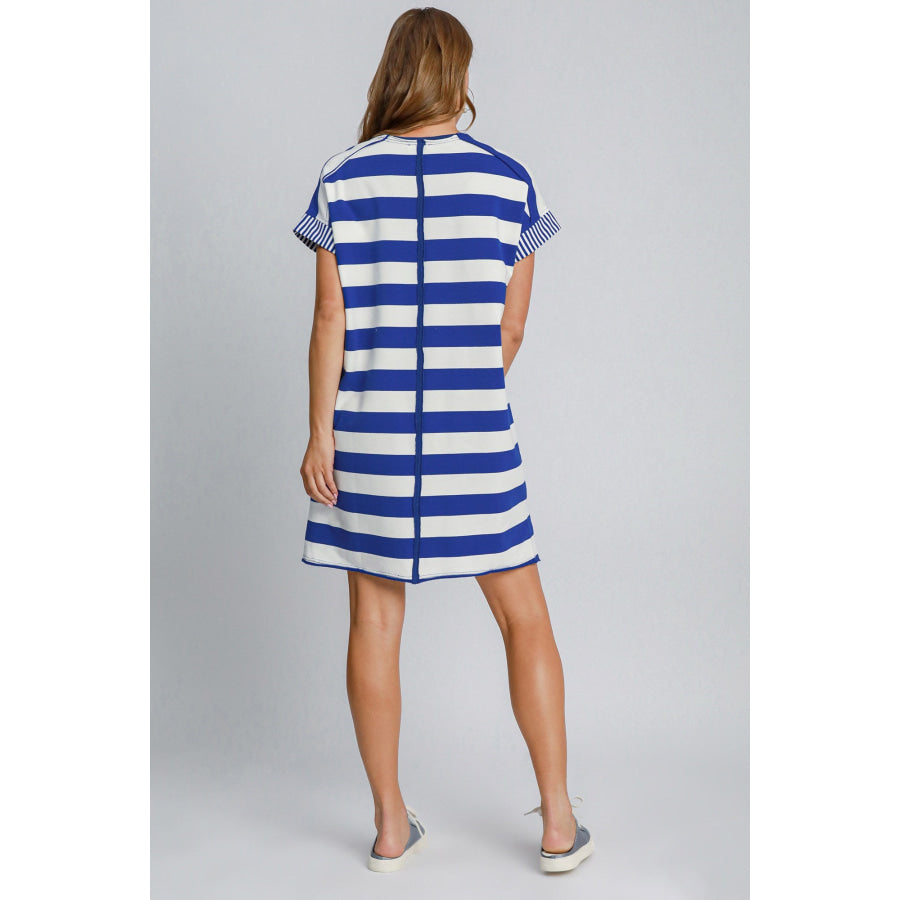 Umgee Peace Applique Striped Short Sleeve Mini Dress Apparel and Accessories