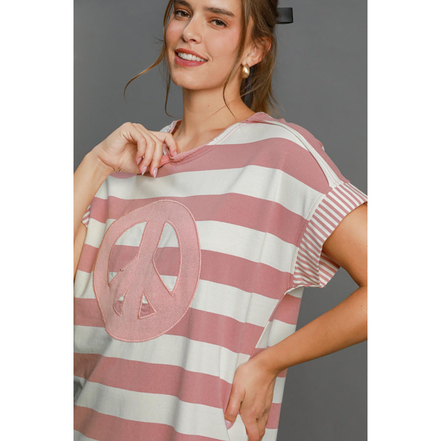 Umgee Peace Applique Striped Short Sleeve Mini Dress Apparel and Accessories