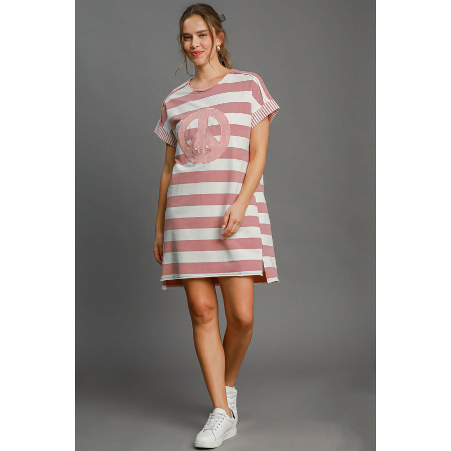 Umgee Peace Applique Striped Short Sleeve Mini Dress Dusty Pink / S Apparel and Accessories