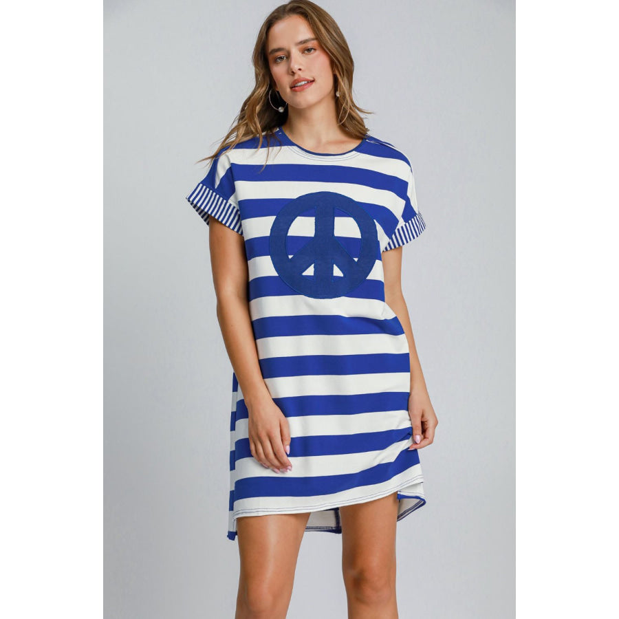 Umgee Peace Applique Striped Short Sleeve Mini Dress Royal Blue / S Apparel and Accessories