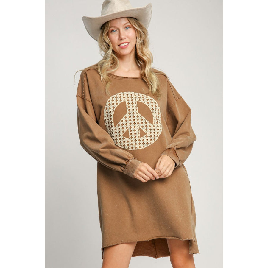 Umgee Peace Lace Applique Frayed Hem French Terry Mini Dress Caramel / S Apparel and Accessories