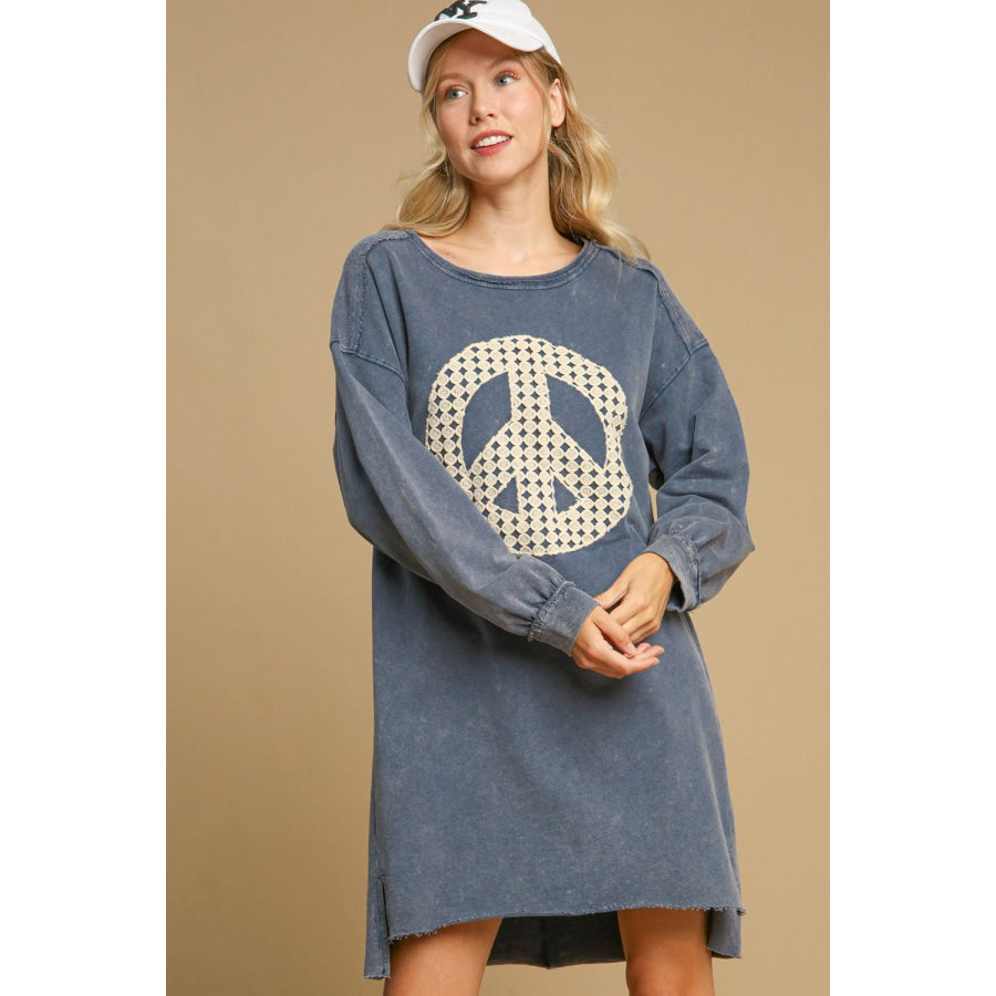 Umgee Peace Lace Applique Frayed Hem French Terry Mini Dress Dusty Blue / S Apparel and Accessories